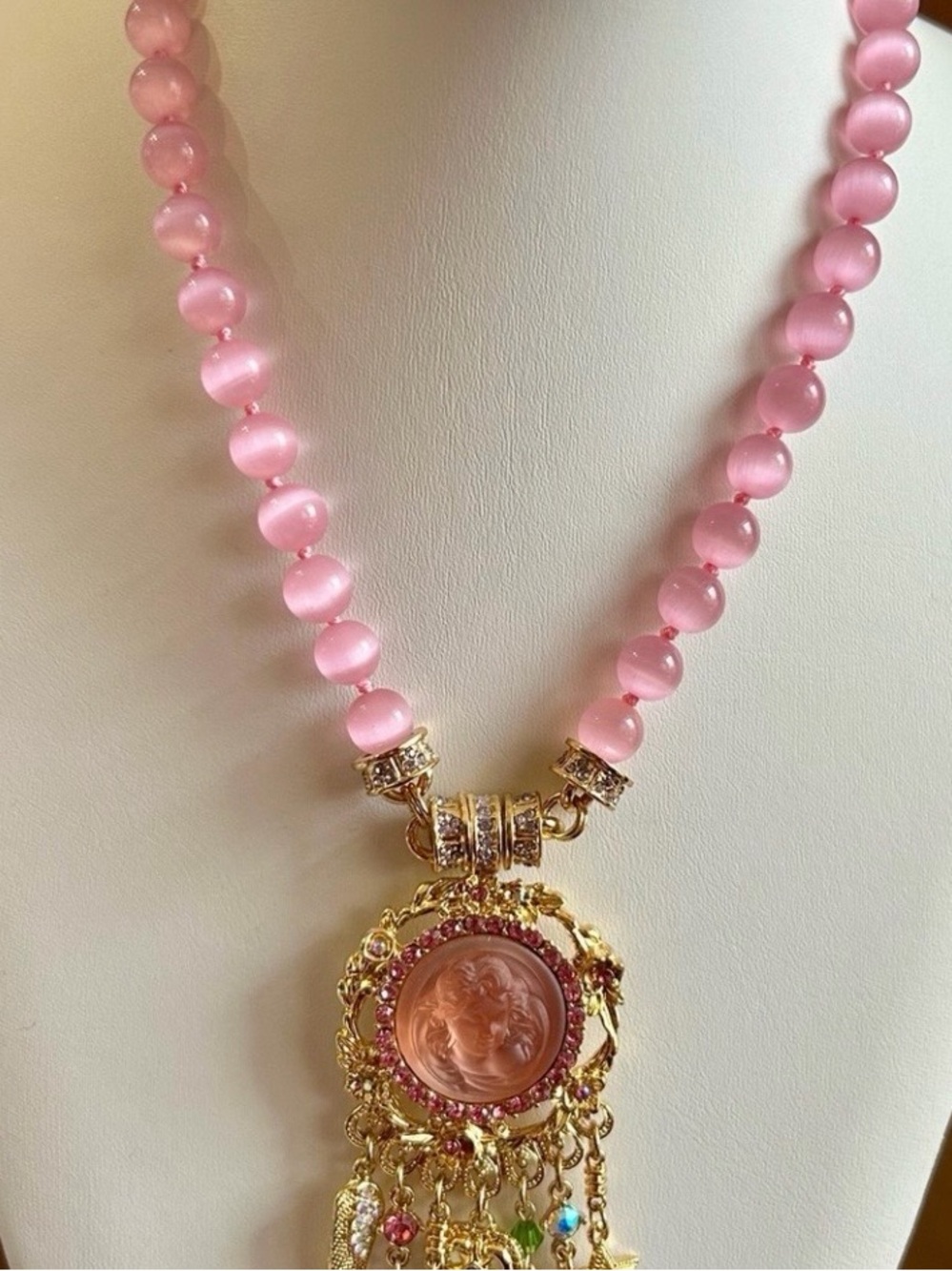 Kirks Folly Pink Bead Statement Necklace with Gold Cameo Pendant